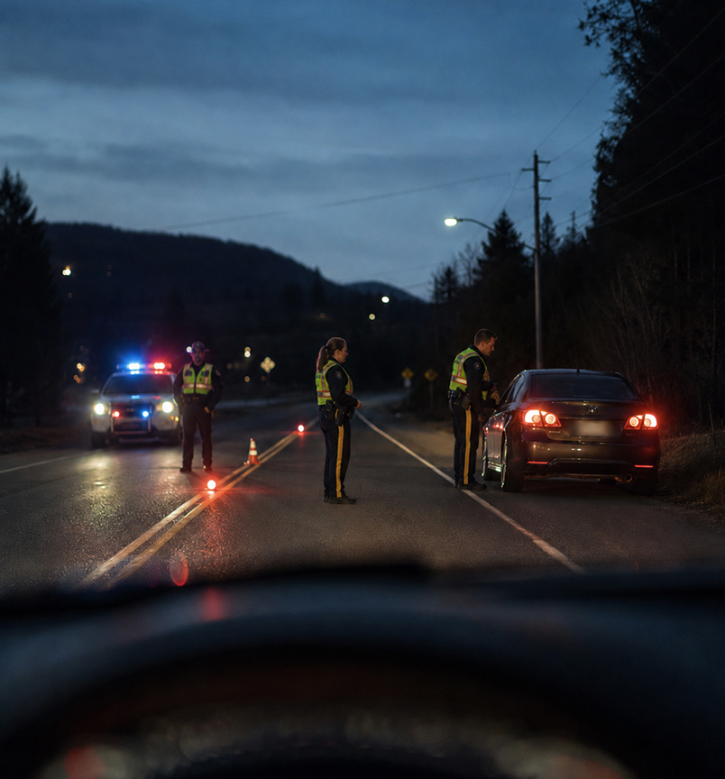 RCMP officers conducting a nighttime impaired driving roadside check on a rural British Columbia highway.